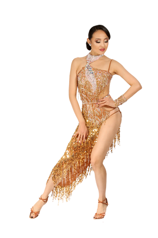 Gold High-Neck Asymmetrical Latin Competition Dress - Where to Buy Dancewear SM Dance Fashion Competition Outfit Costume