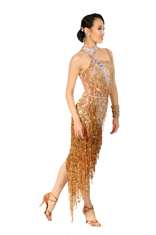 Gold High-Neck Asymmetrical Latin Competition Dress - Where to Buy Dancewear SM Dance Fashion Competition Outfit Costume