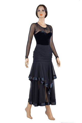 Drapery Mesh V-Flounce Design Ballroom Skirt - Where to Buy Dancewear SM Dance Fashion Competition Outfit Costume