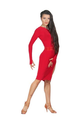 Red Bodycon Long Sleeve Latin & Rhythm Dress - Where to Buy Dancewear SM Dance Fashion Competition Outfit Costume