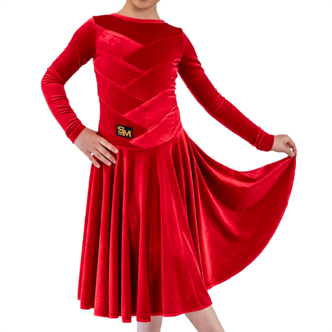 Princess Long Sleeves Red Velvet Dance Competition Dress - Where to Buy Dancewear SM Dance Fashion Competition Outfit Costume